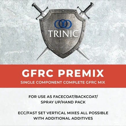Trinic GFRC Premix packaging with a shield and swords design on a gray background