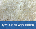 Close-up of white glass fibers with a blue banner at the bottom displaying '1/2'' AR GLASS FIBER'.