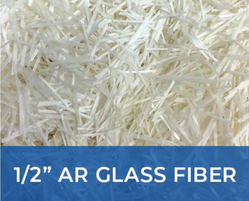 Close-up of white glass fibers with a blue banner at the bottom displaying '1/2'' AR GLASS FIBER'.