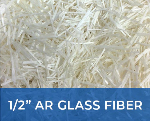 Close-up of white glass fibers with a blue banner at the bottom displaying '1/2'' AR GLASS FIBER'.