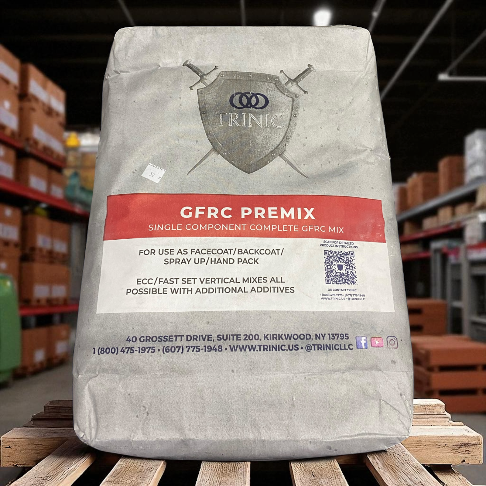 Bag of GFRC Premix on a pallet with warehouse background